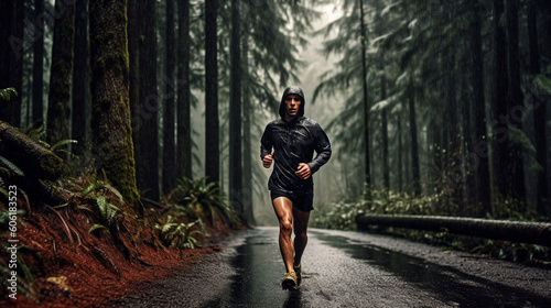 Wallpaper Mural athlete runner forest trail in the rain. Generative AI Torontodigital.ca
