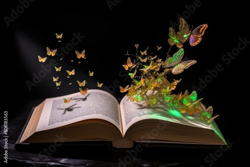 Open magic book with growing lights, magic powder, butterflies. Magic book of elves in the fairy forest. AI © Kateryna
