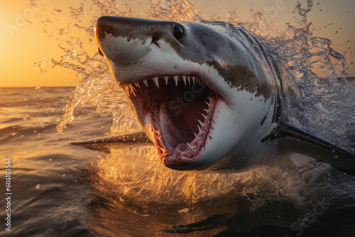 Great white shark leaping out of ocean at sunset. Generative AI. © britaseifert