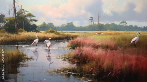 a painting of a pink flamingo walking along in a pond Generative Ai