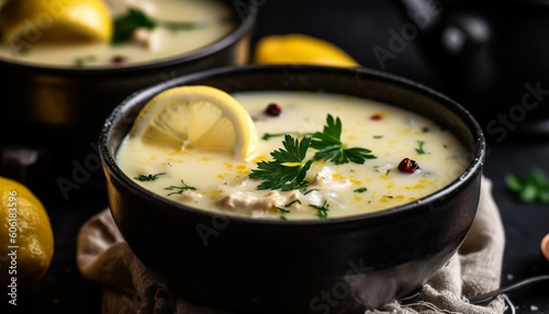 Fresh seafood chowder with garlic and herbs generated by AI photo