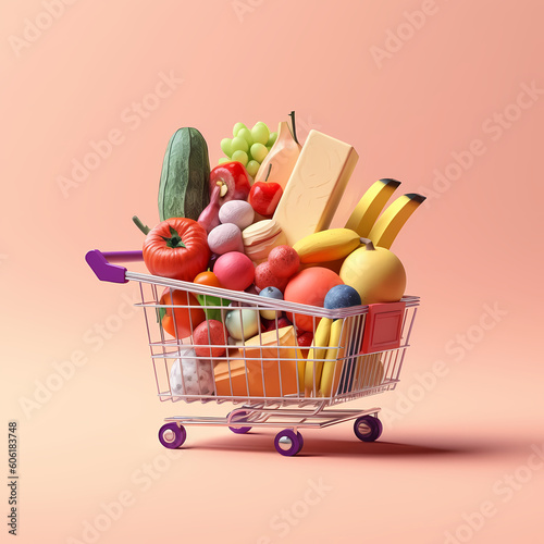 Illustration of shopping cart with groceries on a pastel background, shopping time happy shopping Generative AI