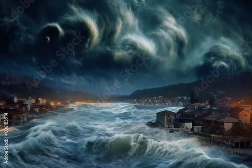 A tsunami hit a seaside town. Apocalyptic dramatic background, giant tsunami waves, dark stormy sky, Tornado. Huge waves Tsunami Big waves. digital art. AI