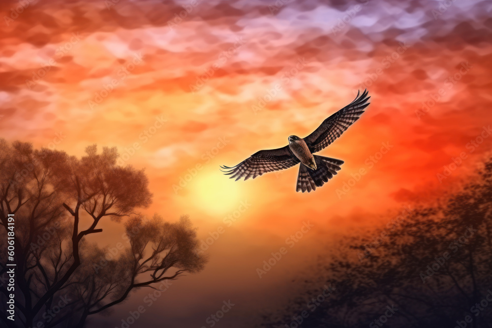 Naklejka premium One flying falcon in the nature background in the sunset time, digital art. AI