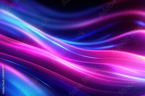 Abstract background featuring high-speed neon wave lines. Bathed in a captivating interplay of pink and blue lights, this image evokes a sense of dynamism and innovation. Generative AI.
