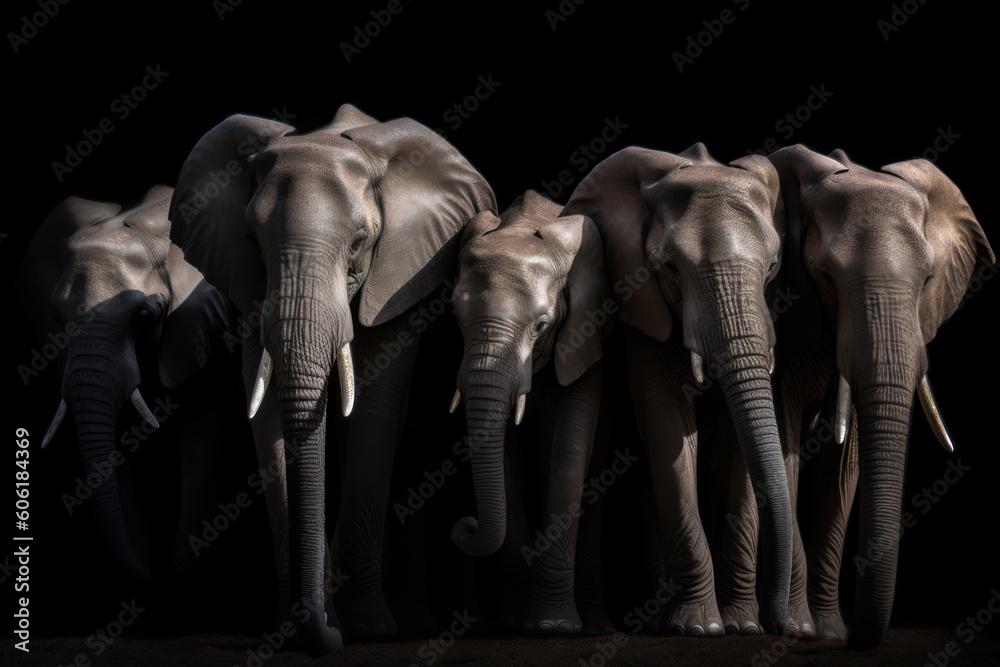 A group of African elephants on a dark background. AI