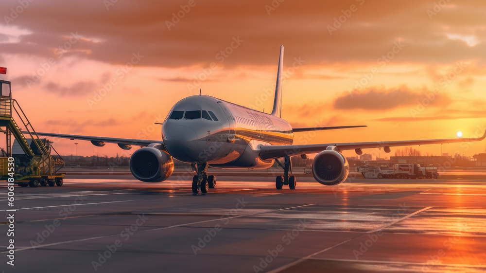 Airplane at the terminal gate ready for takeoff - Modern international airport during sunset - Concept of emotional travel around the world