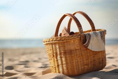 Picnic basket on sunny beach. Picnic background with bag. AI