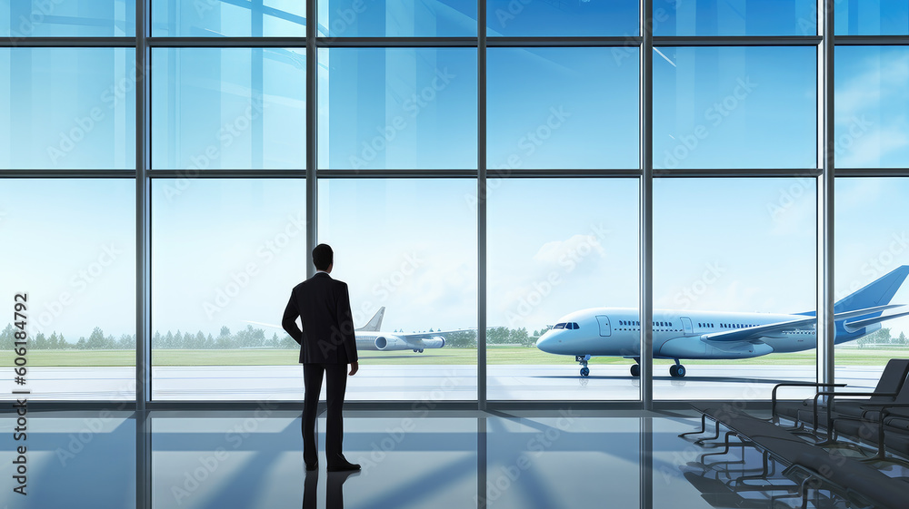businessman in airport waiting area looking at large jet coming off the ground through panoramic window. Concept of business trips.