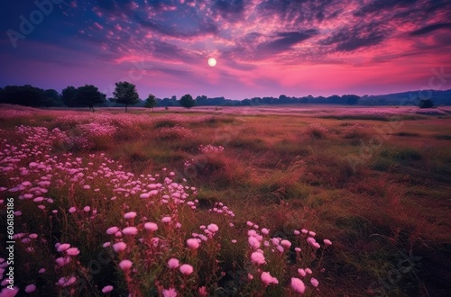 the sunset is over a field of pink flowers Generative Ai