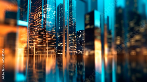 Background of future urban and corporate architecture. Real estate idea with bokeh, motion blur, and a reflection in a glass panel of a skyscraper facade. Generative AI photo