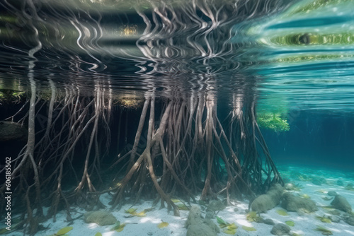 Mangrove trees roots, above and below the water in the Caribbean sea. AI