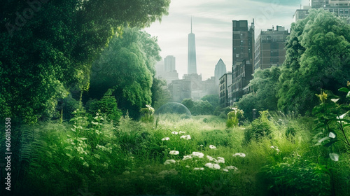 banner wide picture of green space in urban city. Generative AI