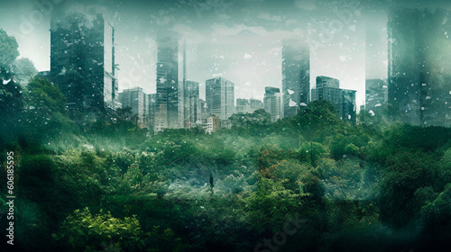 banner wide picture of green space in urban city. Generative AI