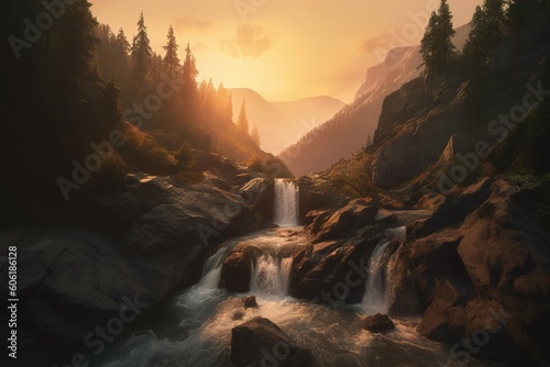 sunrise over the waterfall river in the forest