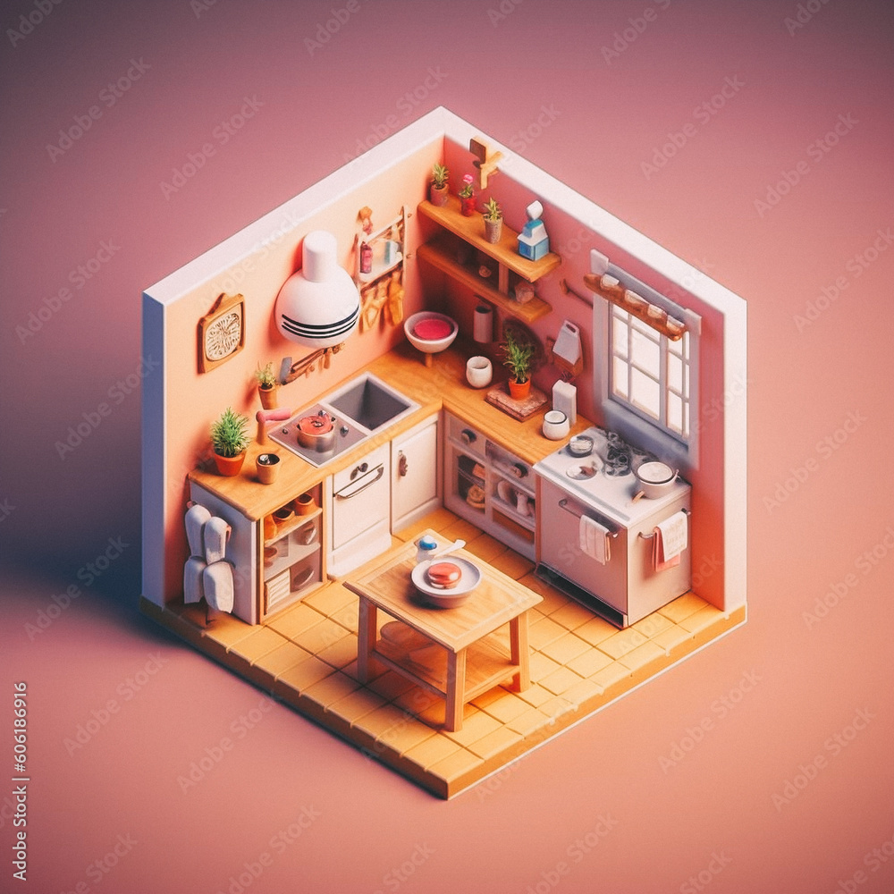 3D cute isometric kitchen - created with Generative AI technology