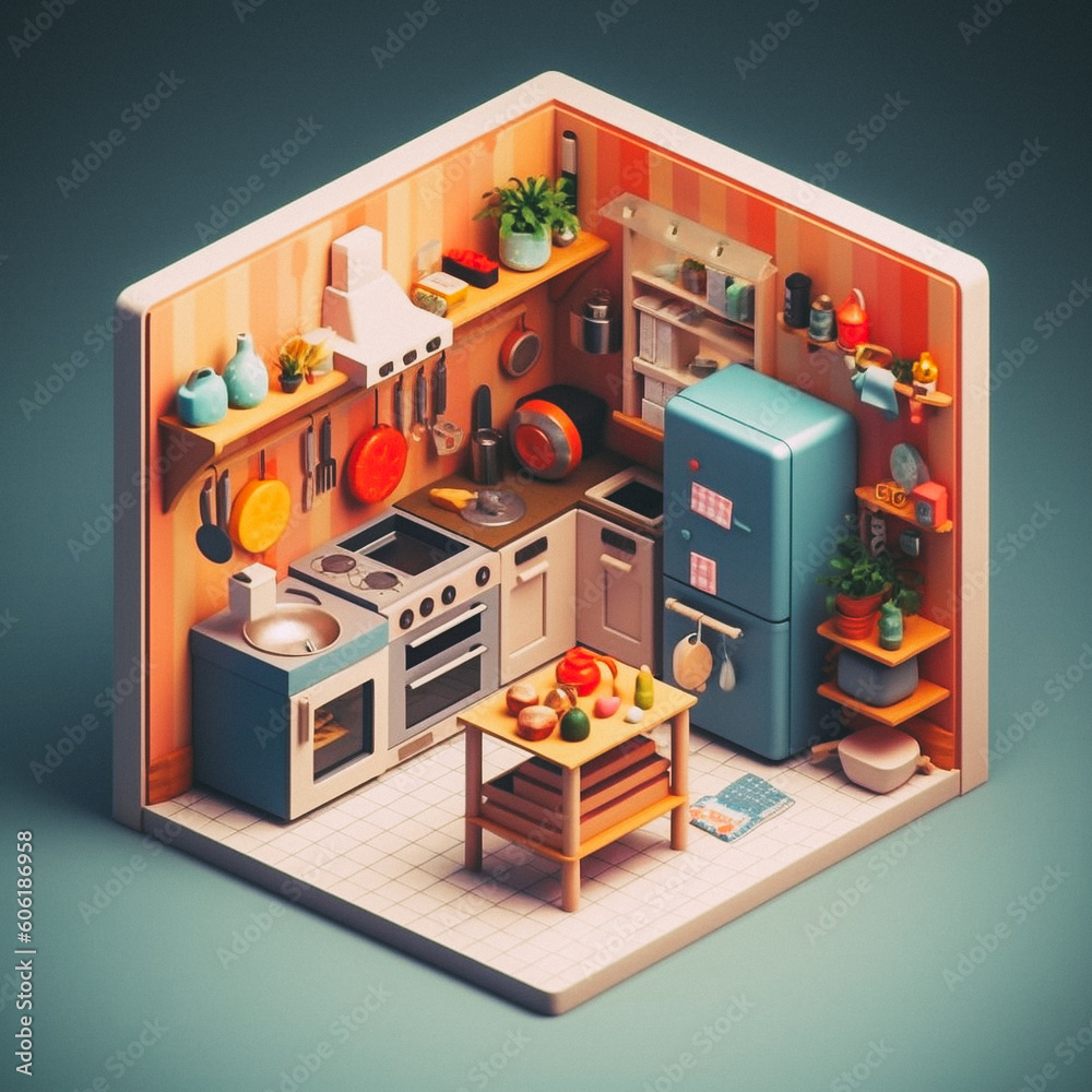 3D cute isometric kitchen - created with Generative AI technology