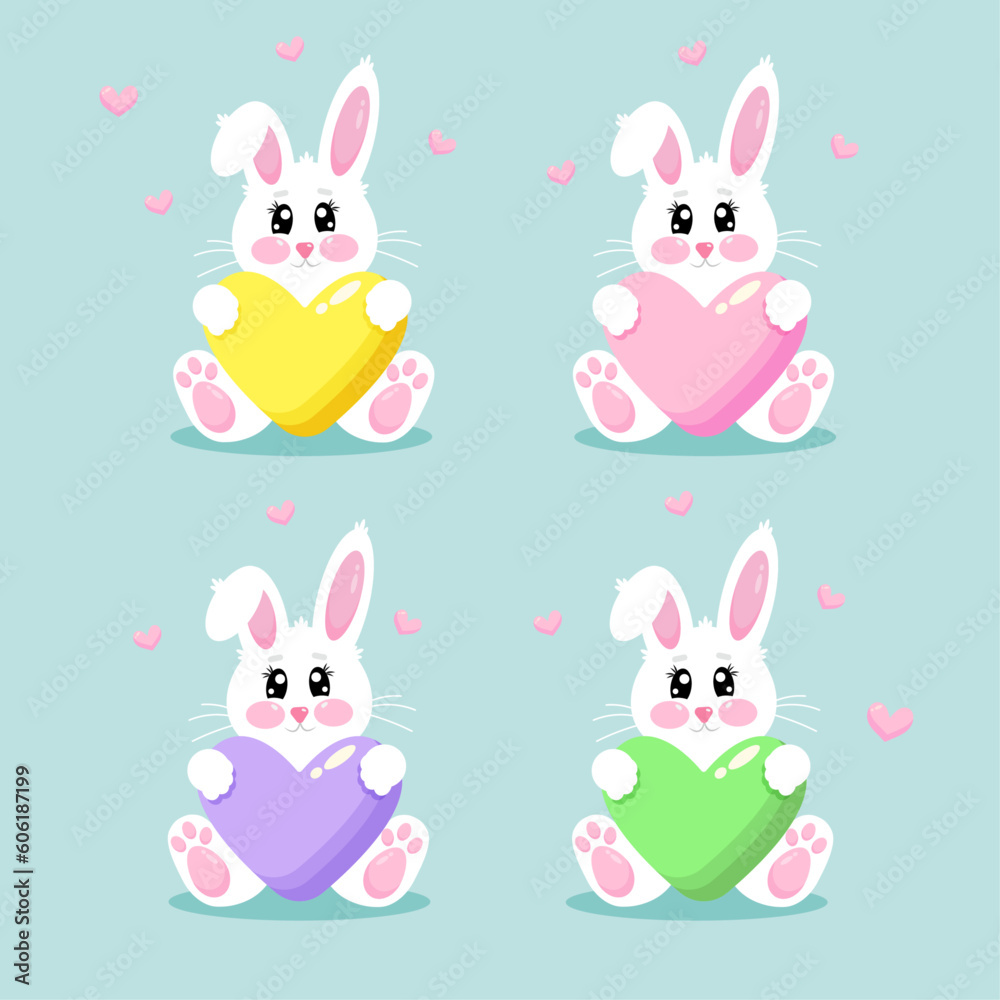 Happy cute funny kawaii bunny set with yellow, pink, purple, green heart Happy cute funny kawaii bunny set with yellow, pink, purple, green heart