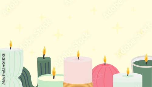 Horizontal banner with candles. Cozy background with a home decor theme. Stylish wax candles. Vector illustration. Set of candles. 