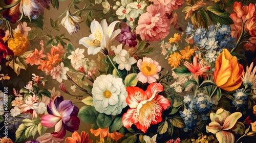 beautiful fantasy vintage wallpaper botanical flower bunch,vintage motif for floral print digital background. Generative AI © Aram