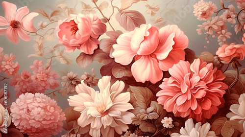 beautiful fantasy vintage wallpaper botanical flower bunch vintage motif for floral print digital background. Generative AI