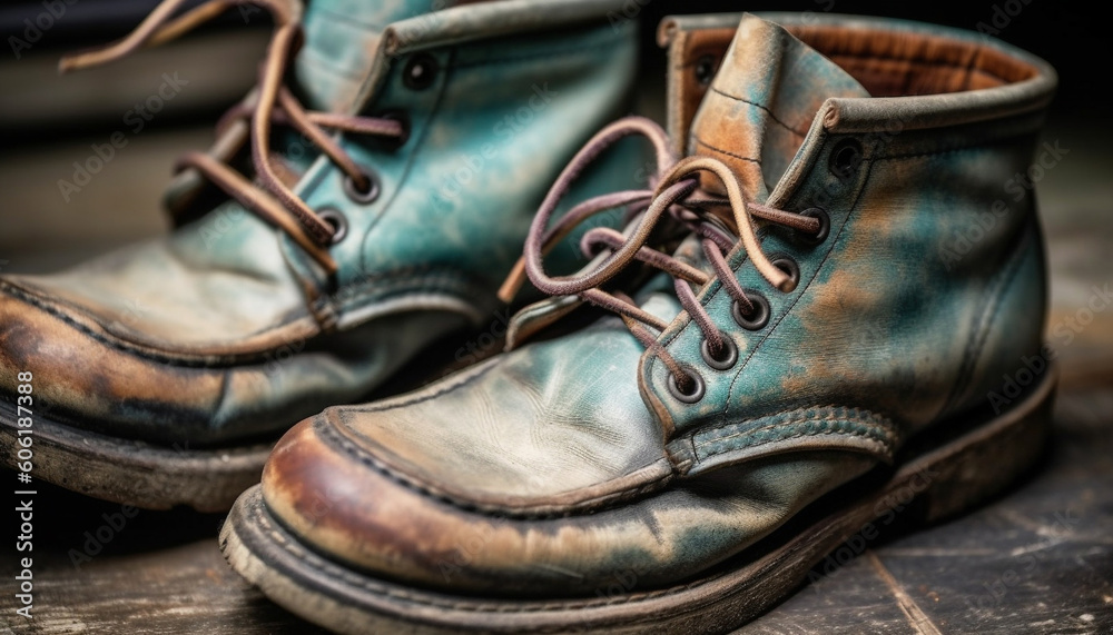 Leather hiking boots, worn and weathered generated by AI Leather hiking boots, worn and weathered generated by AI