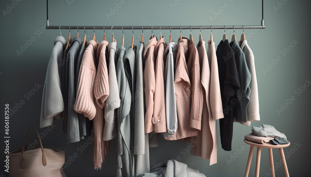 Fashionable striped shirt collection hanging in modern boutique generated by AI