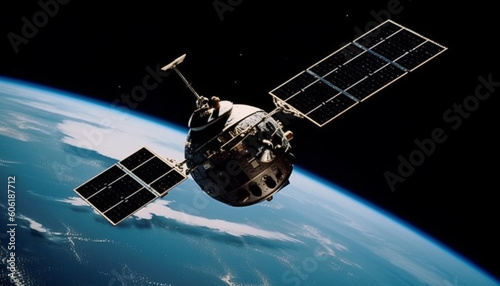 Satellite orbiting planet, transmitting global communications technology generated by AI