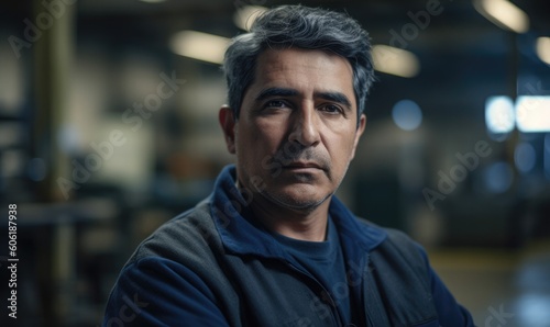 Hispanic male factory worker with arms crossed, industrial construction industry, generative AI