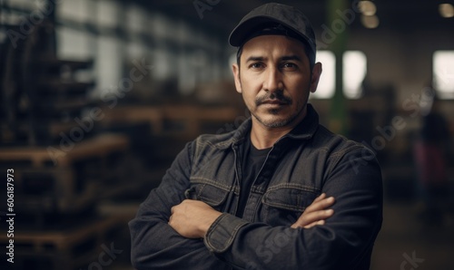 Hispanic male factory worker with arms crossed, industrial construction industry, generative AI © Enigma