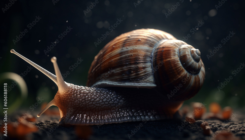 Slow slimy snail crawling on wet plant generated by AI Slow slimy snail crawling on wet plant generated by AI
