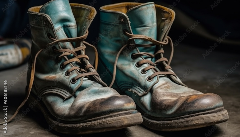 Old leather work boots, undone shoelaces, rough outdoors generated by AI Old leather work boots, undone shoelaces, rough outdoors generated by AI