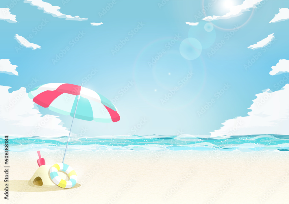 太陽が眩しい夏の海の背景イラスト（ビーチパラソルと砂遊び）