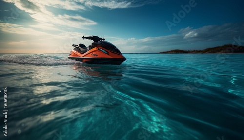 Jet ski in the sea at sunset. Blue water scooter on the background of a beautiful sunset.