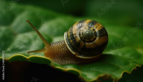 Slimy snail crawling on green plant leaf generated by AI © Jeronimo Ramos