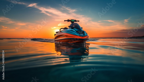 Jet ski in the sea at sunset. Blue water scooter on the background of a beautiful sunset. photo