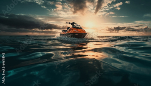 Jet ski in the sea at sunset. Blue water scooter on the background of a beautiful sunset. photo