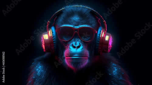 Neon party DJ monkey in headphones and sunglasses. Generative AI
