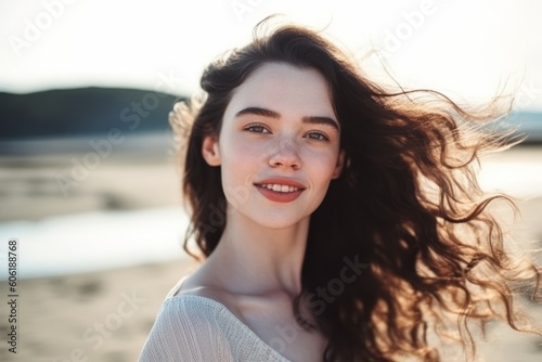 Beautiful Brunette Woman with Long Wavy Hair Basking in Golden Hour Glow, Portrait by the Beach, AI Generative