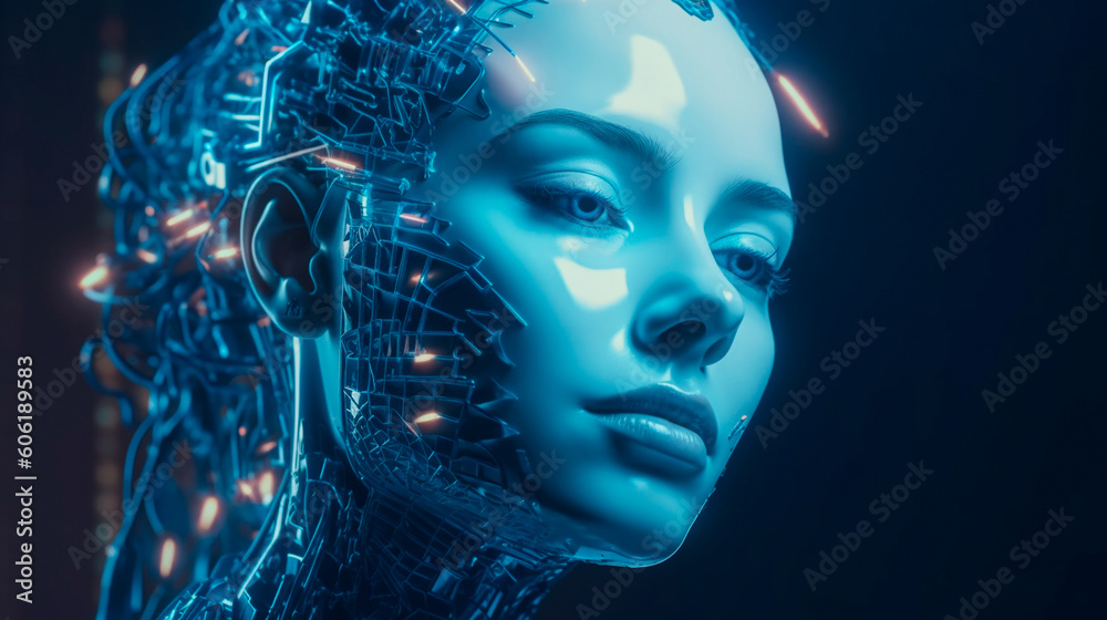 Concept of artificial intelligence. Human face in blue colors. Generative AI illustrator