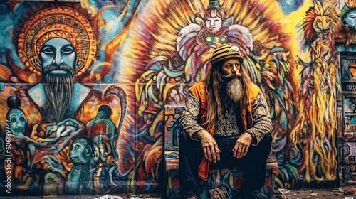 Wall painting portrait of a bearded man with long hair in psychedelic colorful flower power style - generative AI