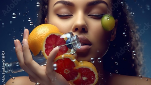 Beautiful african american woman keep sliced fruit in Luxury parfume bottle. Girl holding glass parfume bottle, orange forest background. Fruits Serum. iv serum bag. Generative AI 