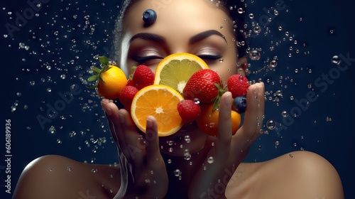 Beautiful african american woman keep sliced fruit in Luxury parfume bottle. Girl holding glass parfume bottle, orange forest background. Fruits Serum. iv serum bag. Generative AI	