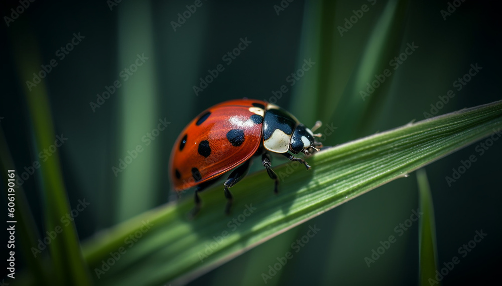 Spotted ladybug crawls on green leaf macro generated by AI