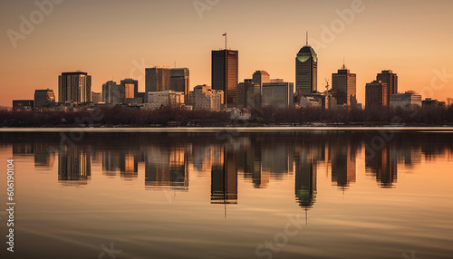 Skyscrapers reflect vibrant sunset on tranquil waterfront generated by AI