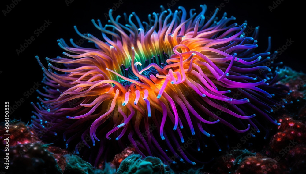 Multi colored cnidarian tentacles sway in underwater motion generated by AI