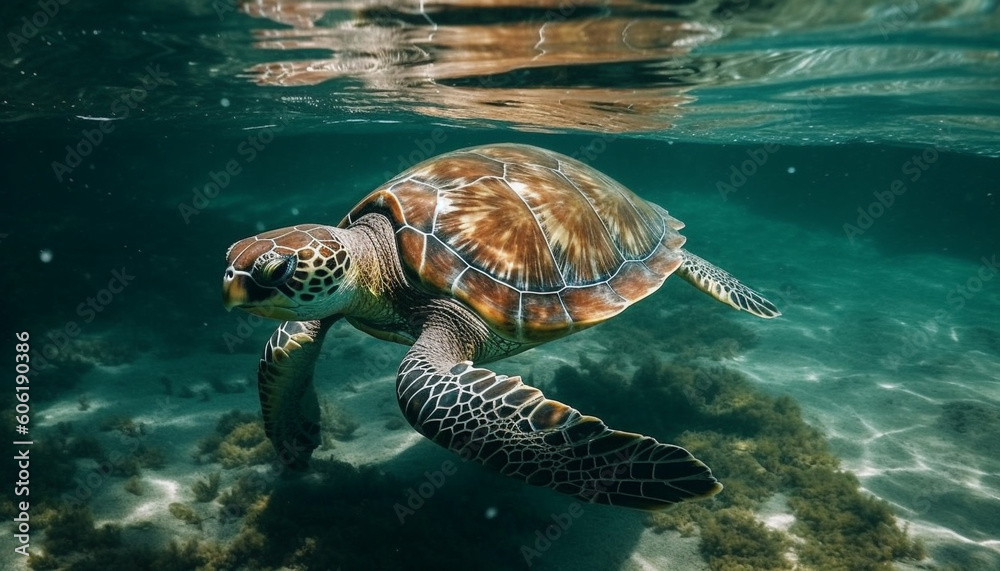 Green sea turtle swimming in tropical reef generated by AI