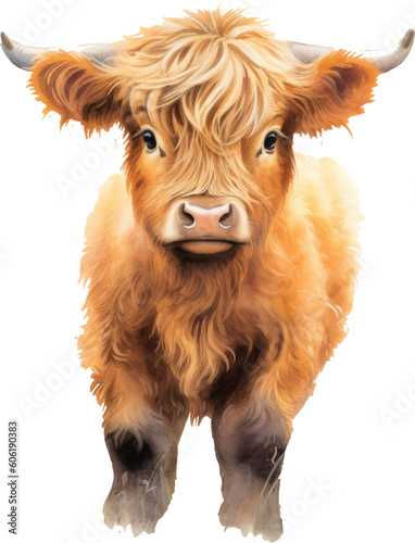 baby highland cow watercolor illustration isolated on white