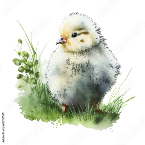 baby chicken on grass watercolor illustration isolated on white 