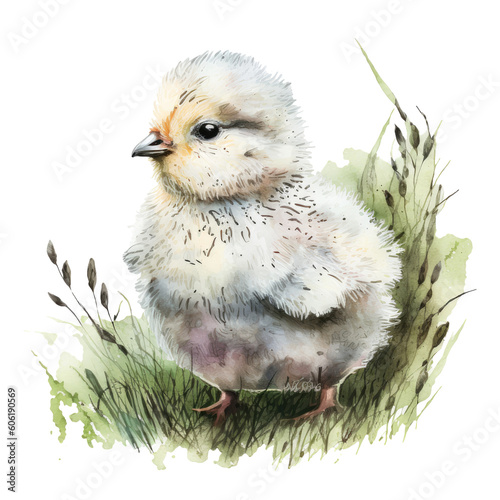baby chicken on grass watercolor illustration isolated on white 